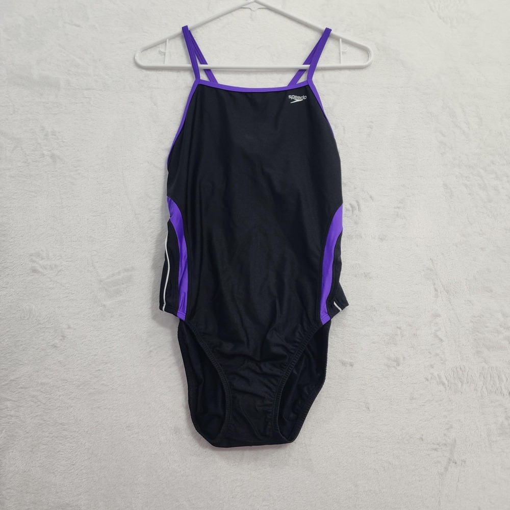 NEW Speedo Swimsuit‎ Womens 12 Black Purple One Piece Colorblock Racing Tech